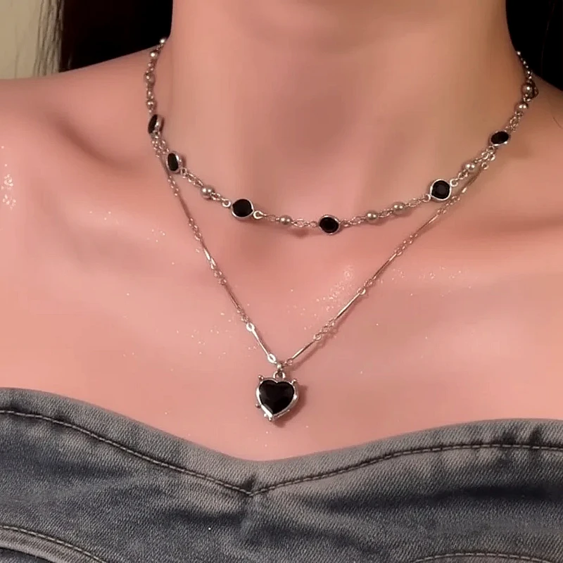 Black Heart Layered Necklace   