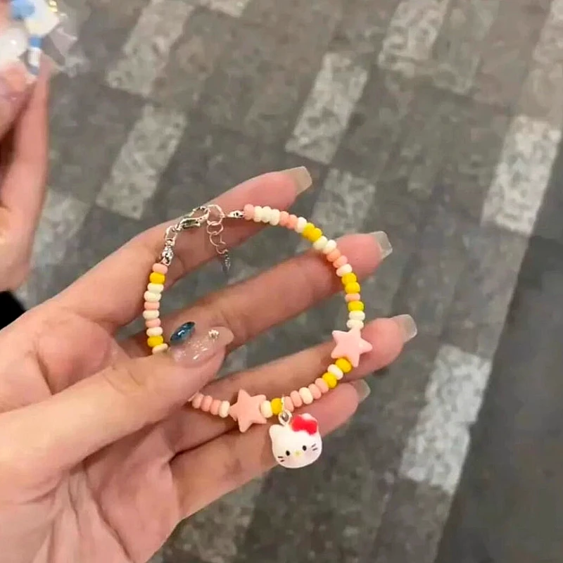 Cute Anime Cat Head Charm Beaded Bracelet
