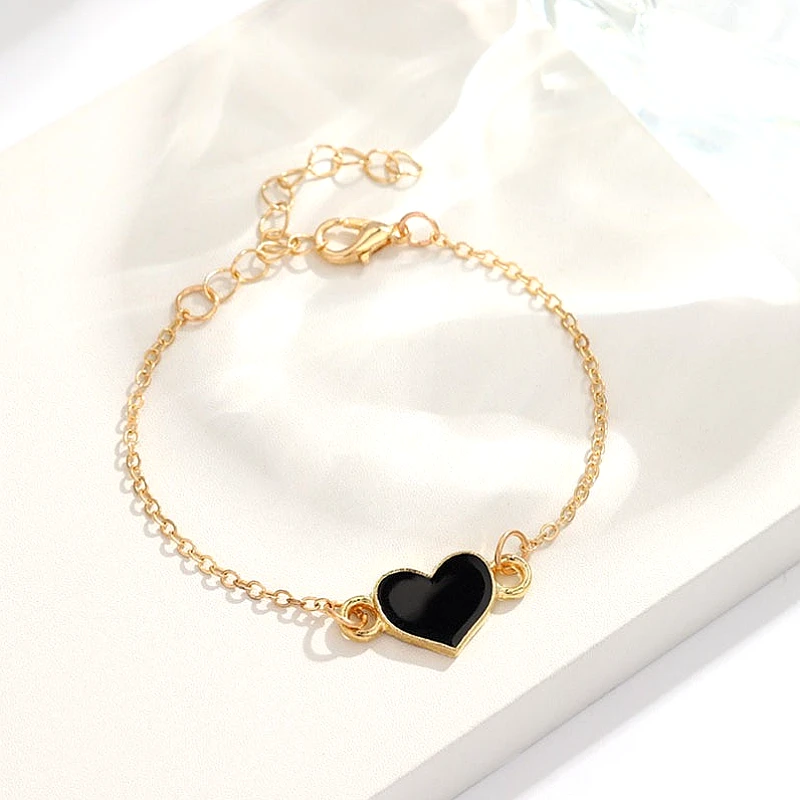 Gold-Tone Black Enamel Heart Charm Chain