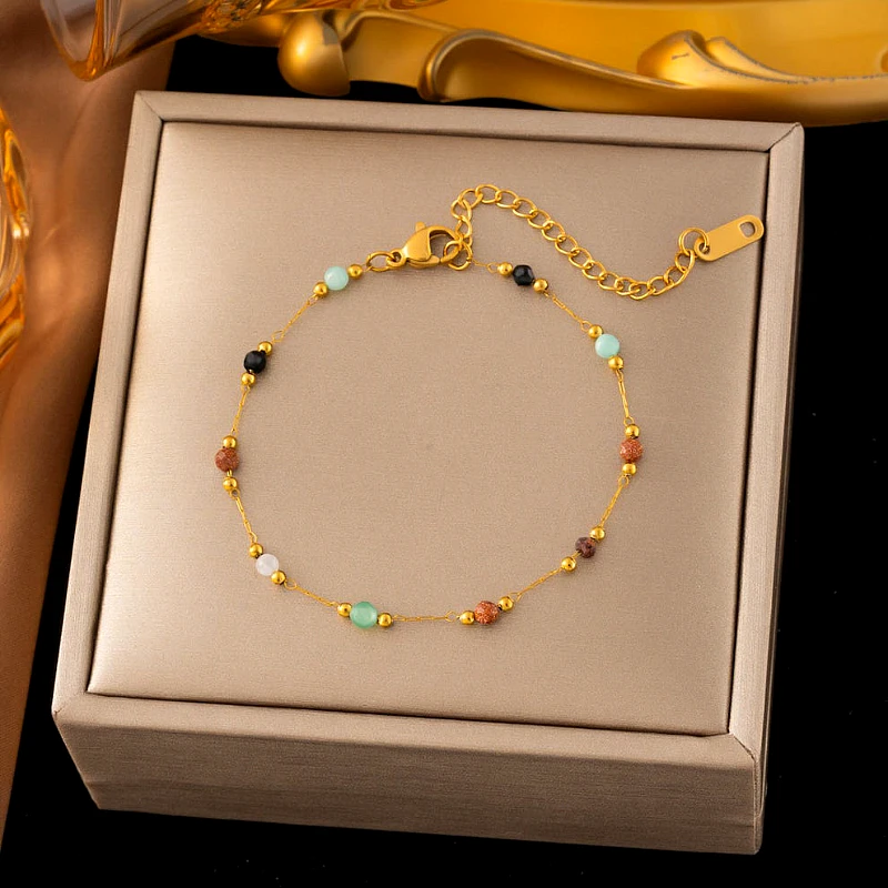 Gold-Tone Dainty Multi-Gemstone Bead Station Chain