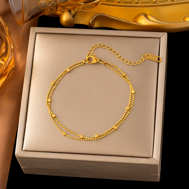 Gold-Tone Double-Layer Beaded Station Chain Bracel
