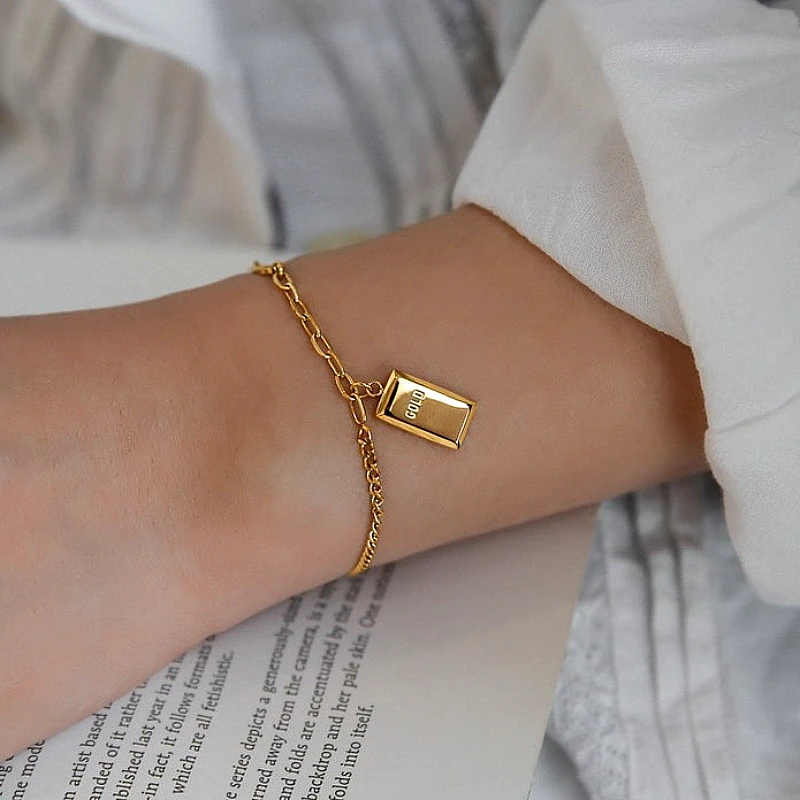 Gold-Tone Gold Bar Ingot Charm Asymmetric Chain 