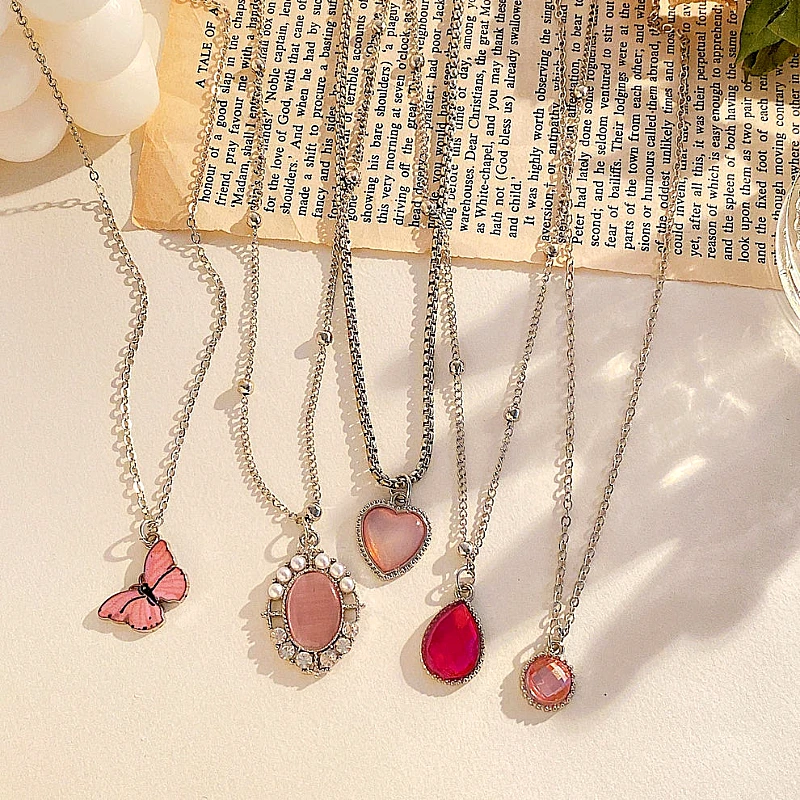 Pink Gem &amp; Butterfly_Necklace Set Of Five