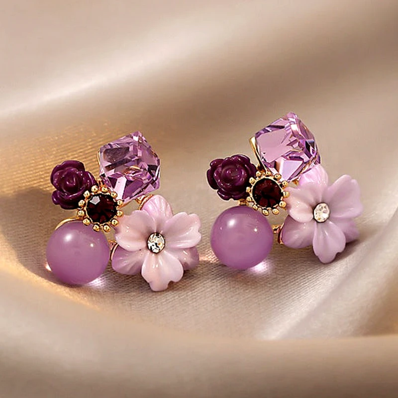 Purple Flower Stud Earrings - Product Image