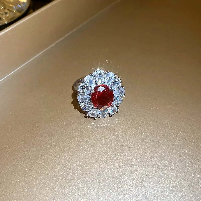 Red &amp; White Diamond Stone Flower Ring