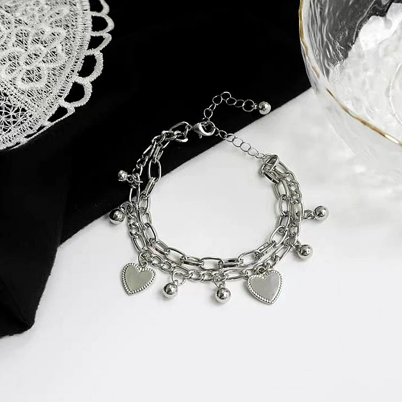 Silver-Tone Double-Layer Heart Charm Chain Bracele