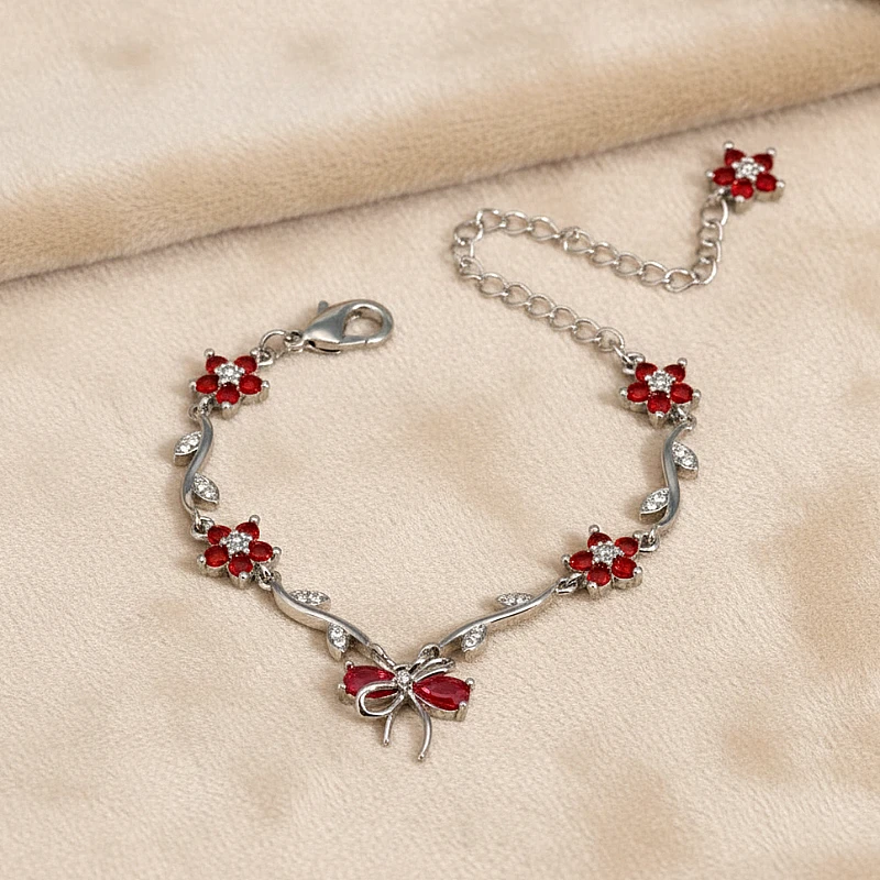 Silver-Tone Red Crystal Floral Vine &amp;amp;amp; Bow Bracelet