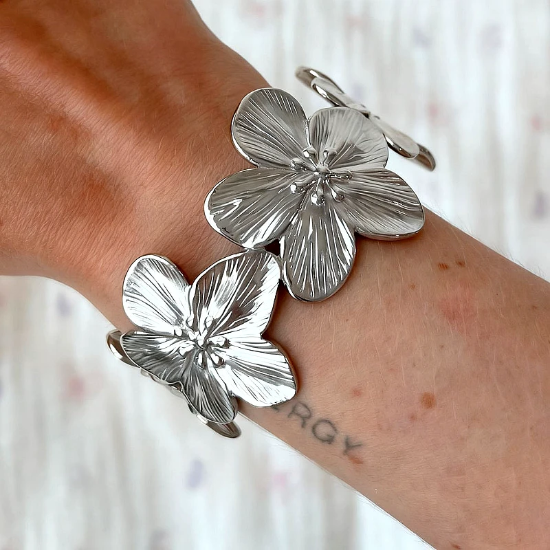 Silver-Tone Sculpted Floral Statement Cuff Bracele