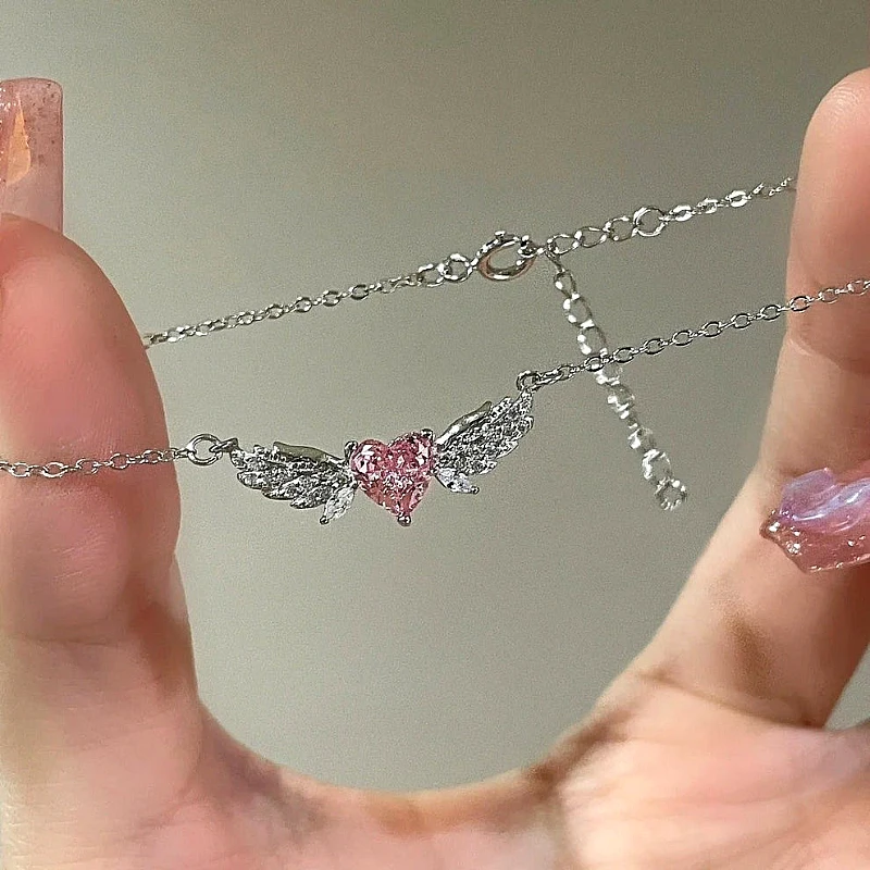 Silver-Tone Sparkling Pink Heart with Angel Wings