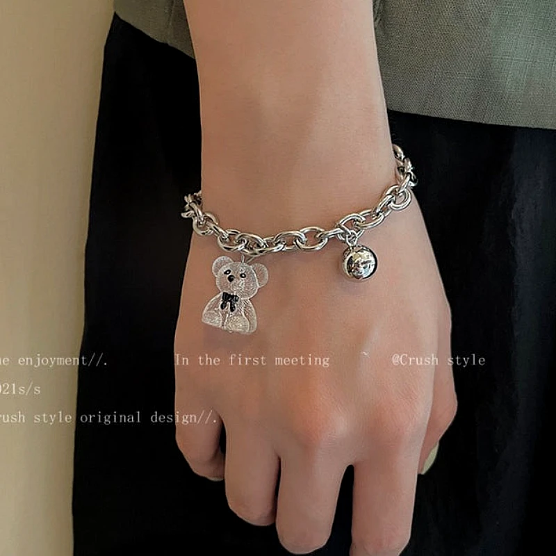 Silver-Tone Teddy Bear Charm Chain Bracelet with R