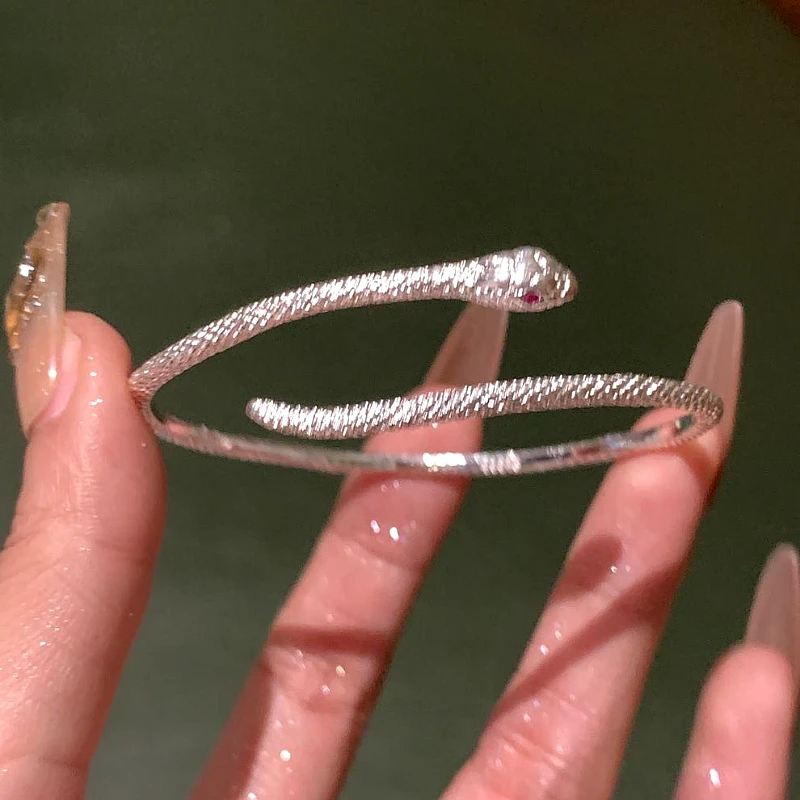 Silver-Tone Textured Serpent Snake Bypass Bangle 