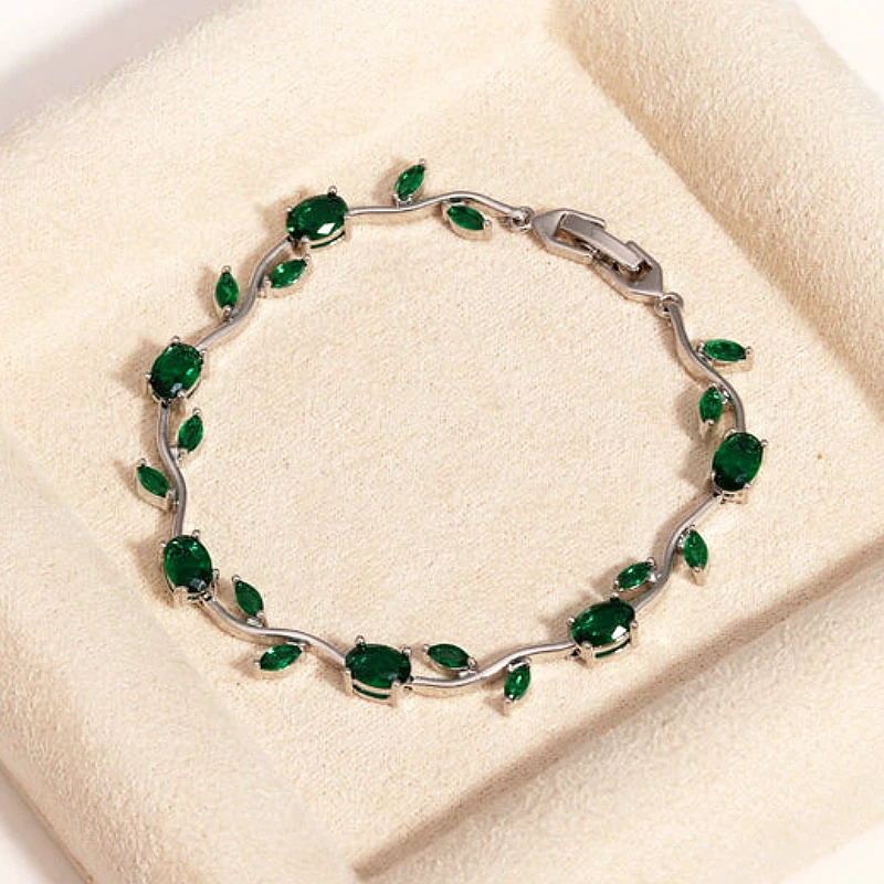 Viral Tulip Green Diamond Silver Bracelet - Product Image