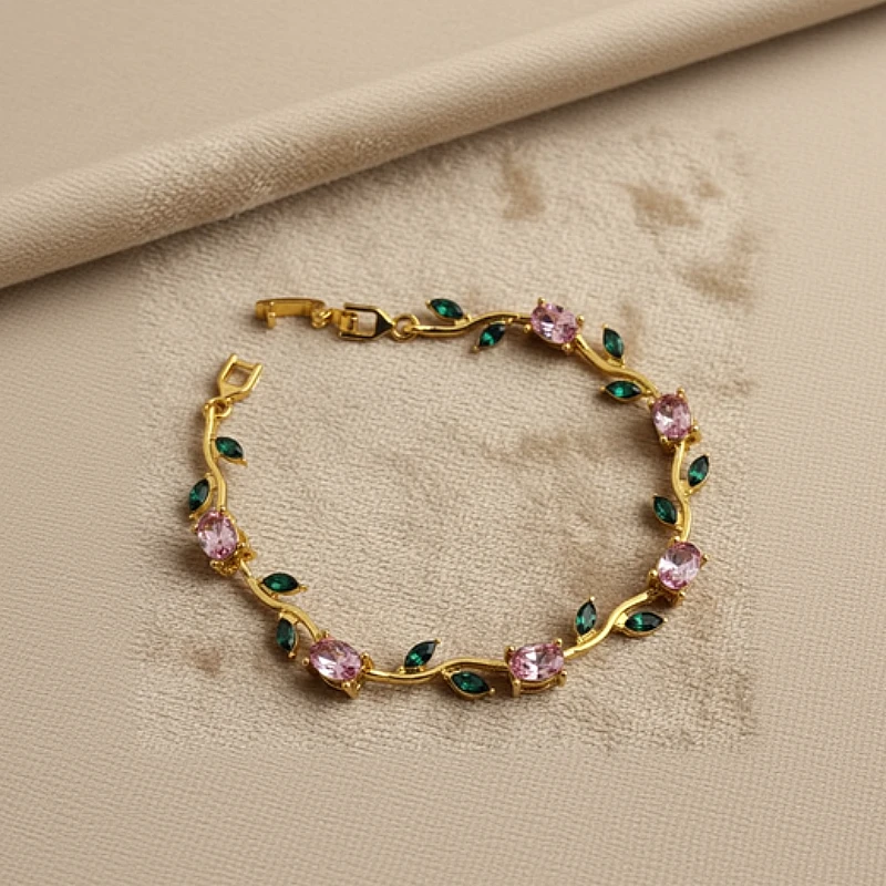 Viral Tulip Pink &amp;amp;amp;amp; Green Diamond Gold Bracelet - Product Image