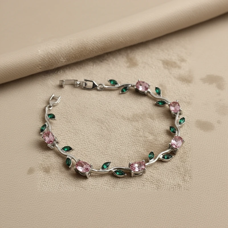 Viral Tulip Pink &Green Silver Bracelet - Product Image