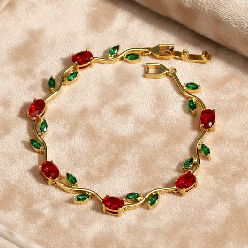 Viral Tulip Red &amp;amp;amp;amp; Green Diamond Gold Bracelet - Product Image