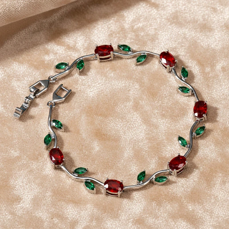 Viral Tulip Red &amp;amp;amp;amp; Green Diamond Silver Bracelet - Product Image